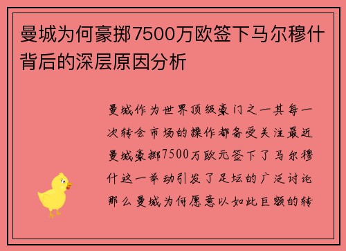 曼城为何豪掷7500万欧签下马尔穆什背后的深层原因分析