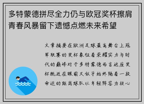 多特蒙德拼尽全力仍与欧冠奖杯擦肩青春风暴留下遗憾点燃未来希望