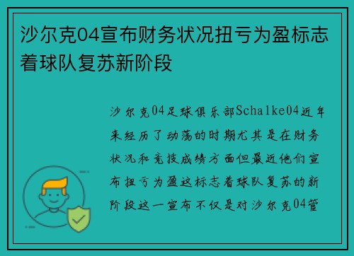 沙尔克04宣布财务状况扭亏为盈标志着球队复苏新阶段