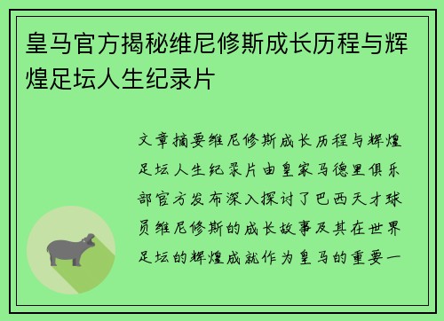 皇马官方揭秘维尼修斯成长历程与辉煌足坛人生纪录片 皇马官方揭秘维尼修斯成长历程与辉煌足坛人生纪录片