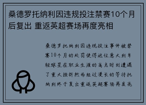桑德罗托纳利因违规投注禁赛10个月后复出 重返英超赛场再度亮相 桑德罗托纳利因违规投注禁赛10个月后复出 重返英超赛场再度亮相